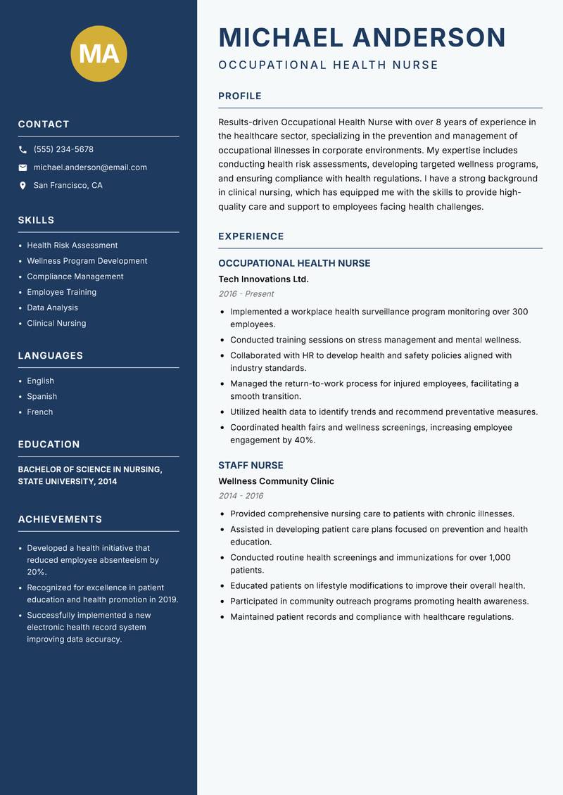 Occupational Health Nurse resume sample — Occupational Health Nurse focus