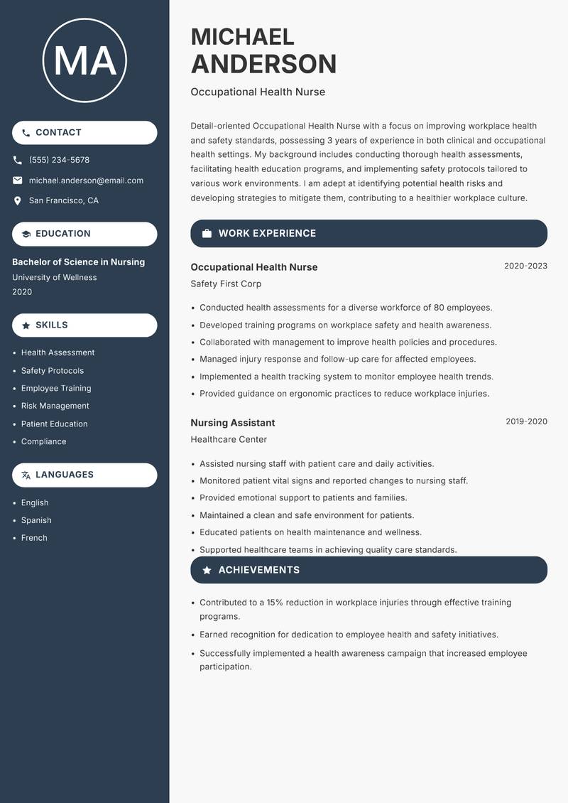 Occupational Health Nurse resume sample — Occupational Health Nurse focus
