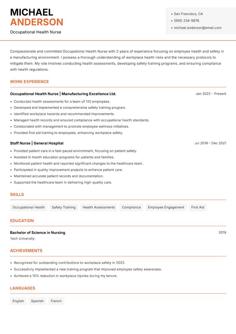 Occupational Health Nurse resume sample — Occupational Health Nurse focus