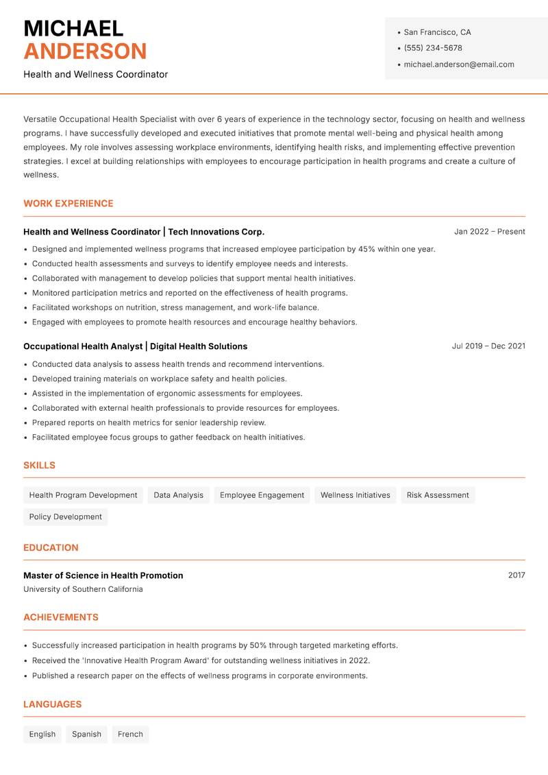 Occupational Health Specialist resume sample — Health and Wellness Coordinator focus