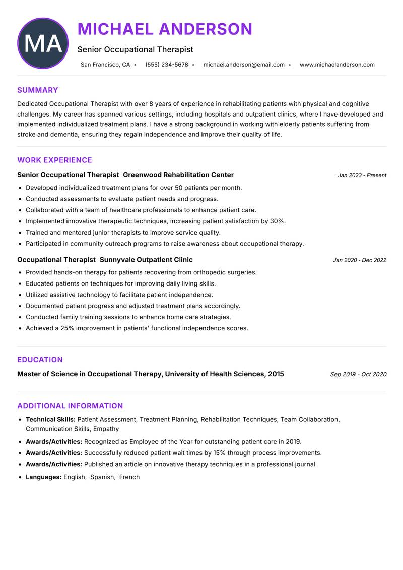 Occupational Therapist resume example