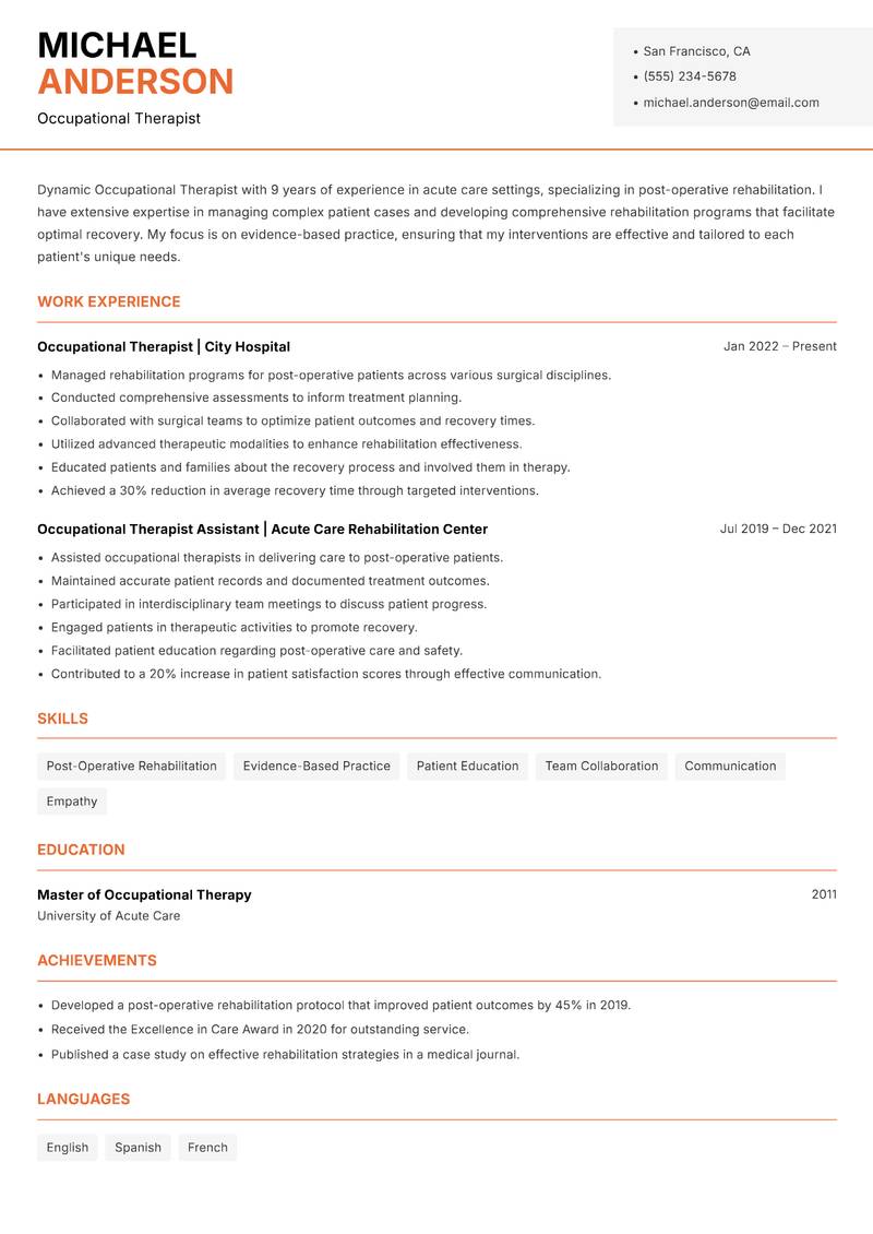 Occupational Therapist resume sample — Occupational Therapist focus