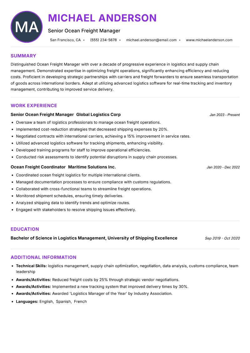 Ocean Freight Manager resume example