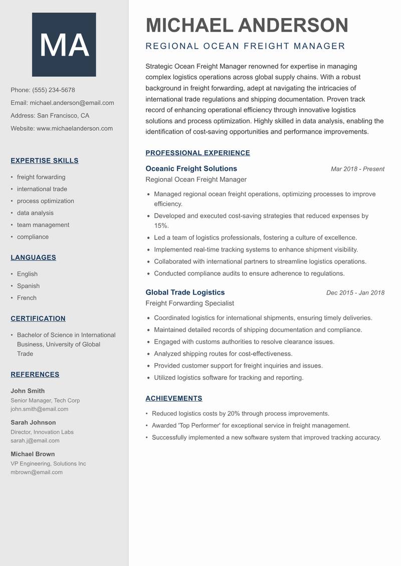 Ocean Freight Manager resume sample — Regional Ocean Freight Manager focus