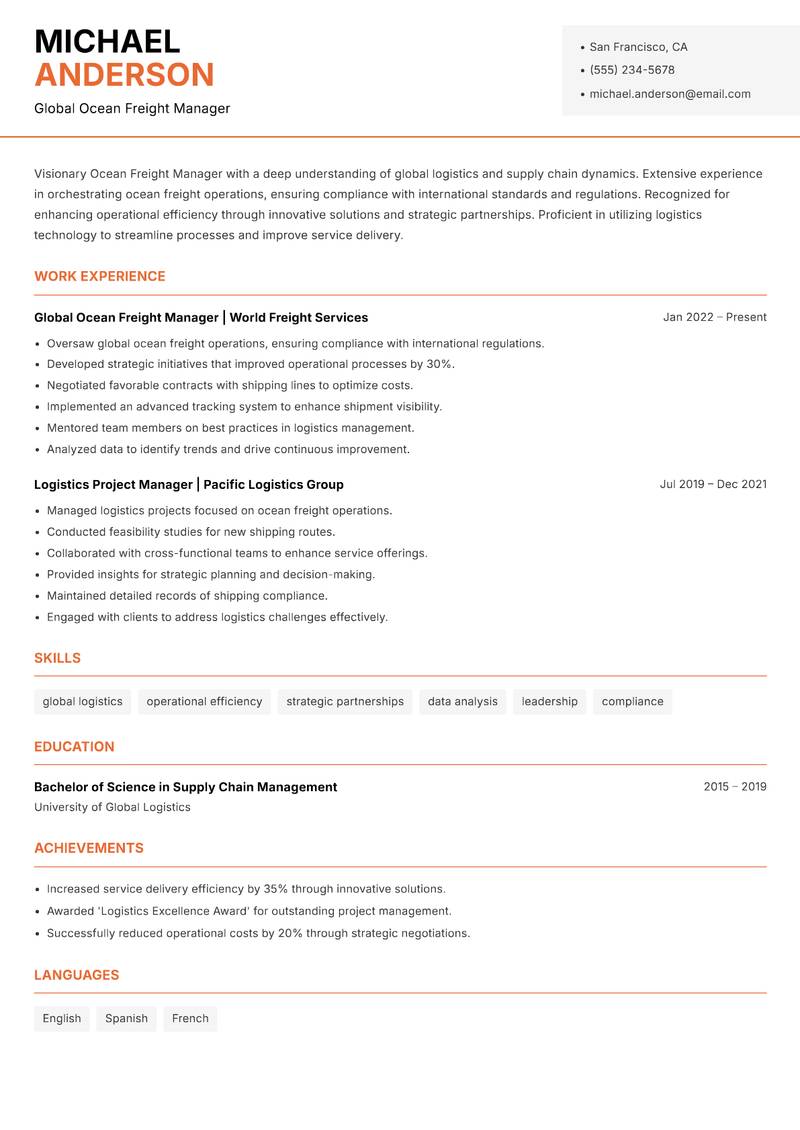 Ocean Freight Manager resume sample — Global Ocean Freight Manager focus