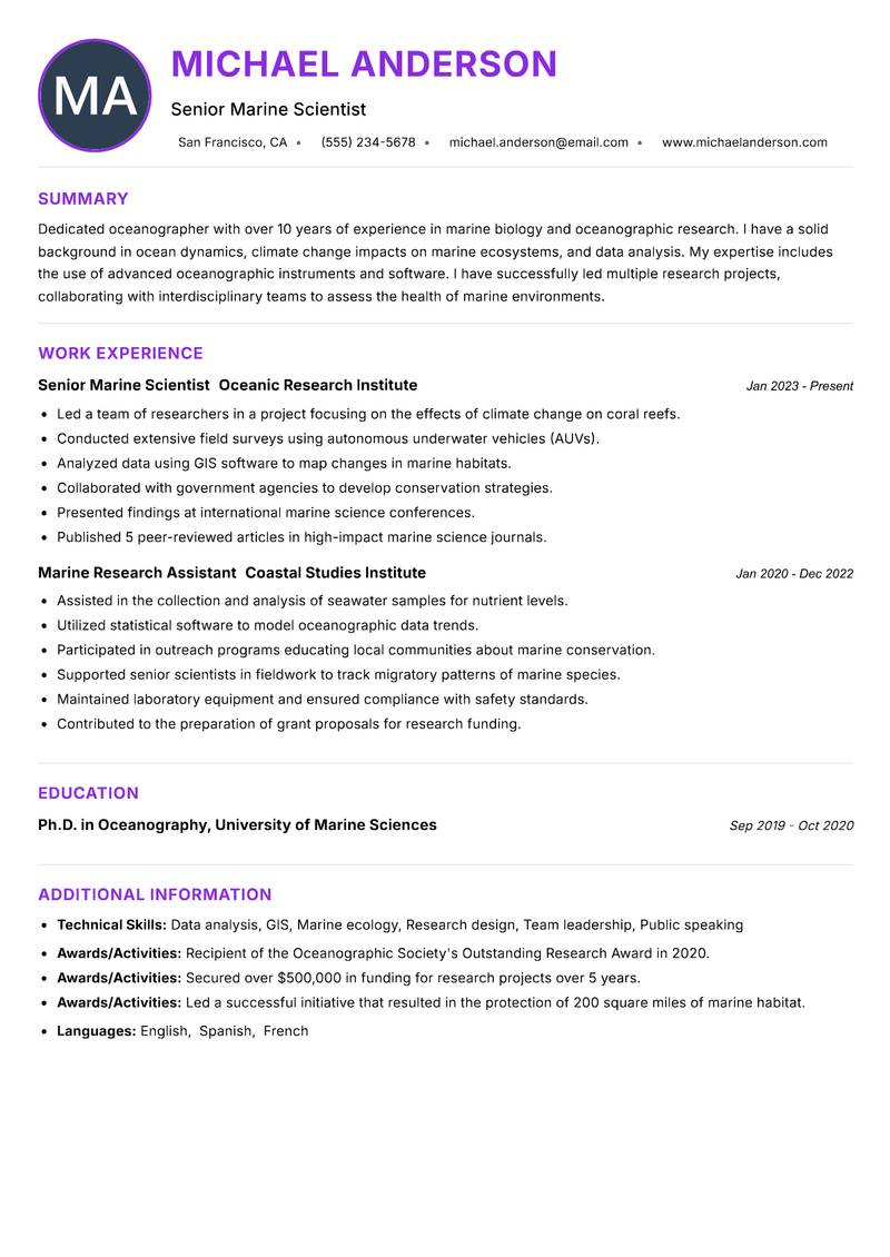 Oceanographer resume example