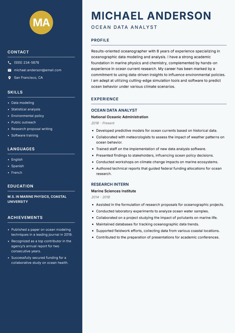 Oceanographer resume sample — Ocean Data Analyst focus