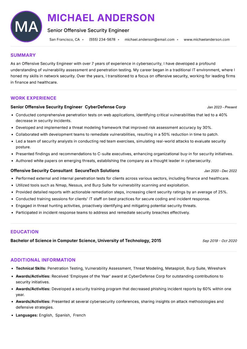 Offensive Security Engineer resume example