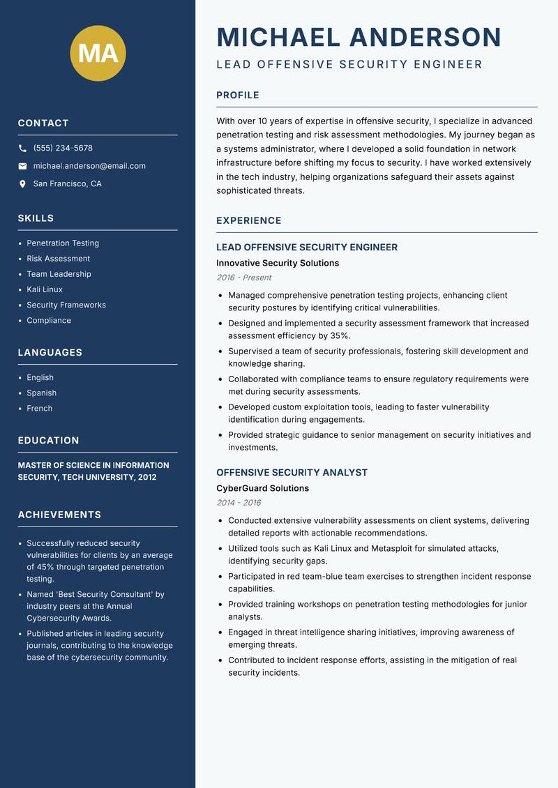 Offensive Security Engineer resume sample — Lead Offensive Security Engineer focus