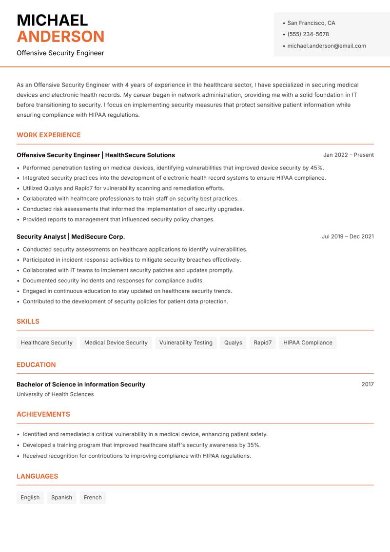 Offensive Security Engineer resume sample — Offensive Security Engineer focus