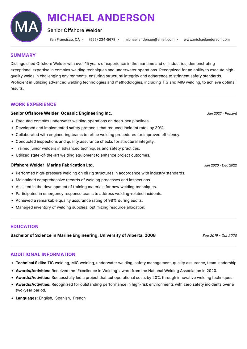 Offshore Welder resume example