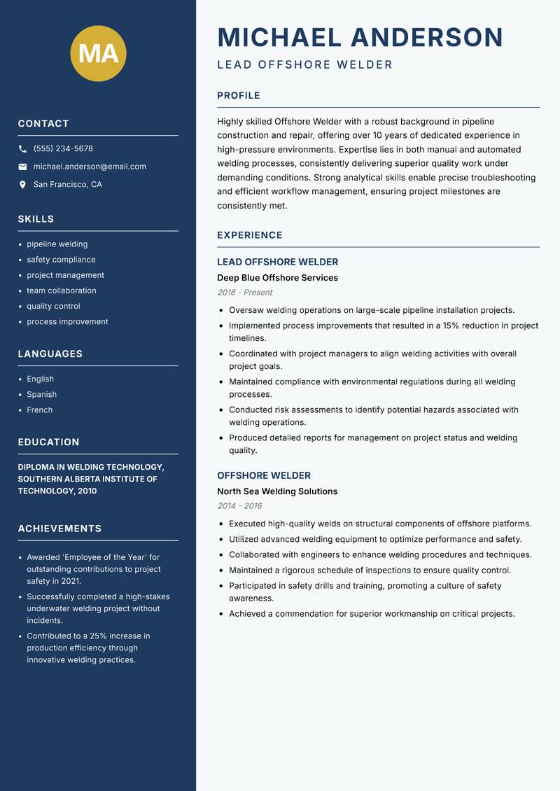Offshore Welder resume sample — Lead Offshore Welder focus