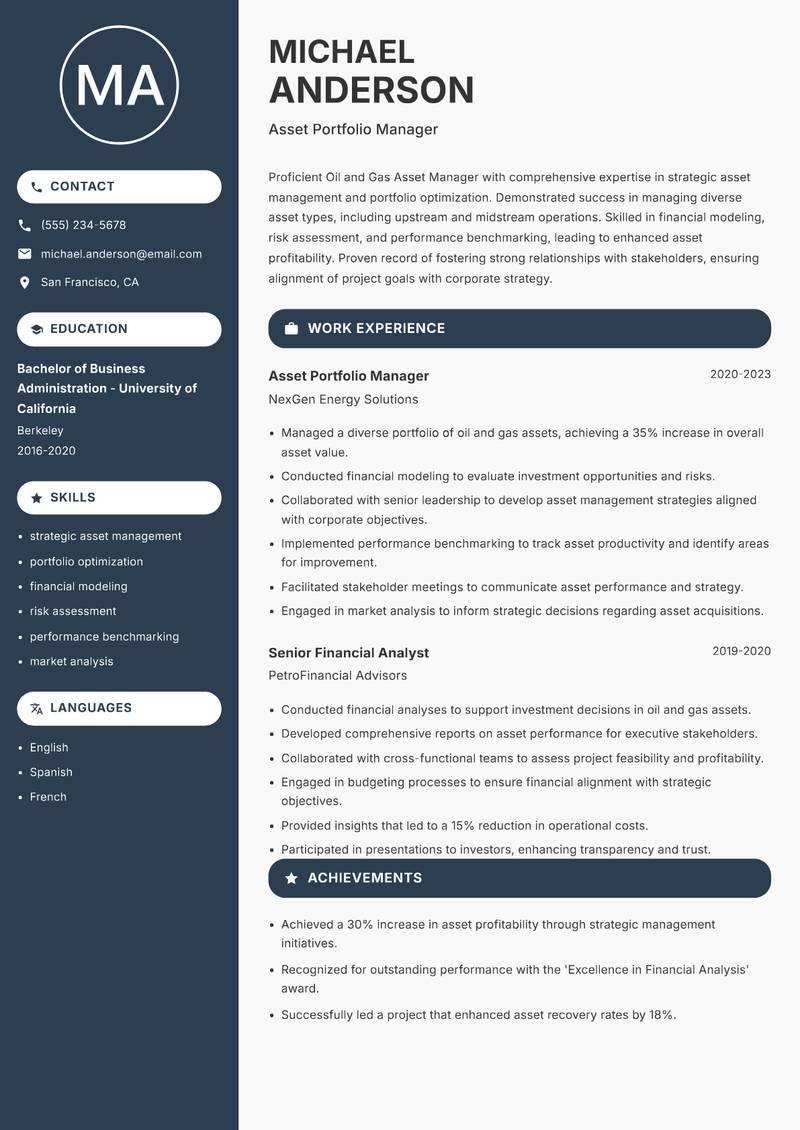 Oil and Gas Asset Manager resume sample — Asset Portfolio Manager focus