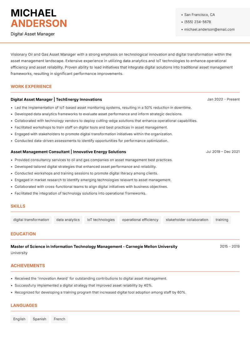 Oil and Gas Asset Manager resume sample — Digital Asset Manager focus