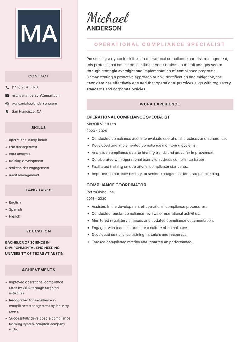 Oil and Gas Compliance Officer resume sample — Operational Compliance Specialist focus