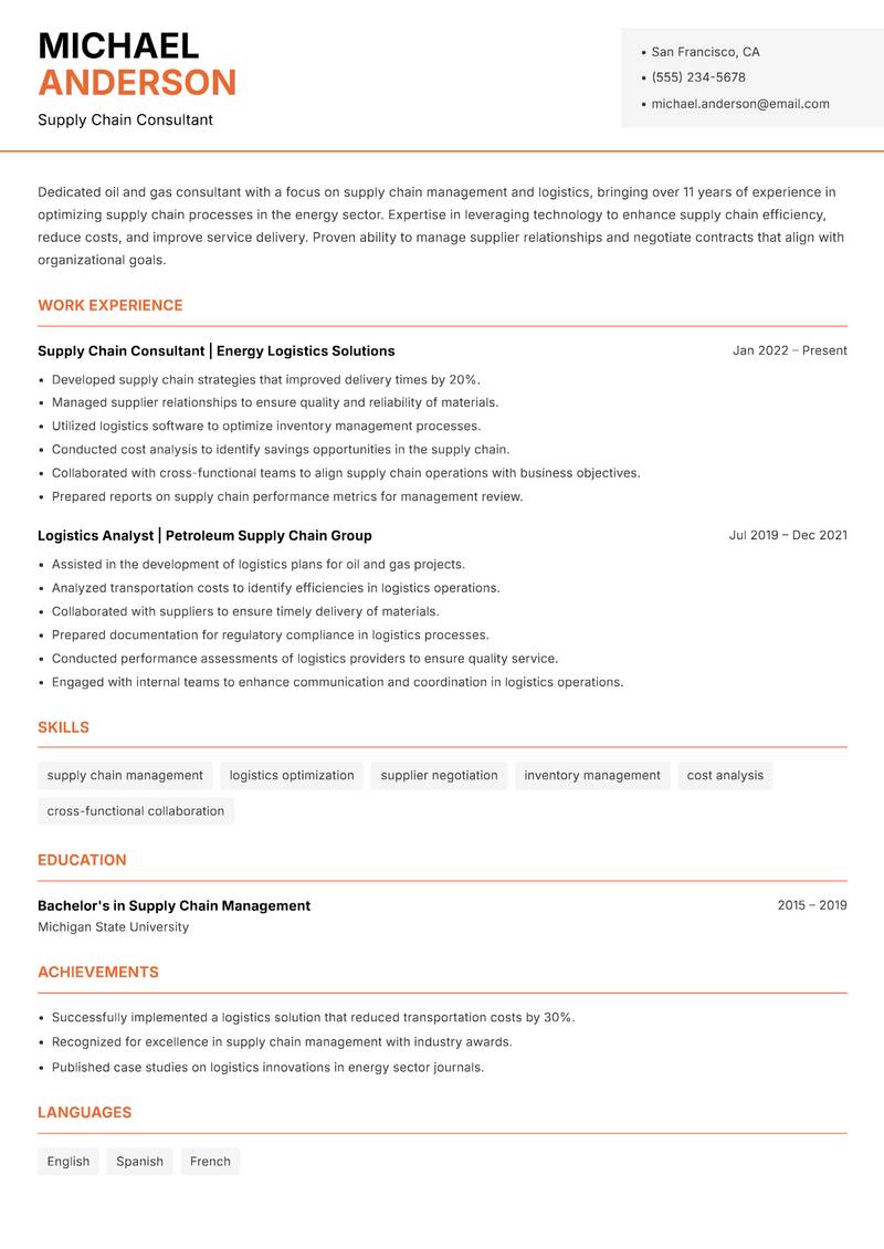 Oil and Gas Consultant resume sample — Supply Chain Consultant focus