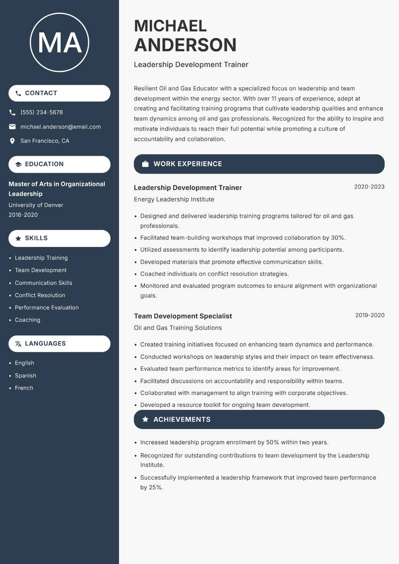 Oil and Gas Educator resume sample — Leadership Development Trainer focus