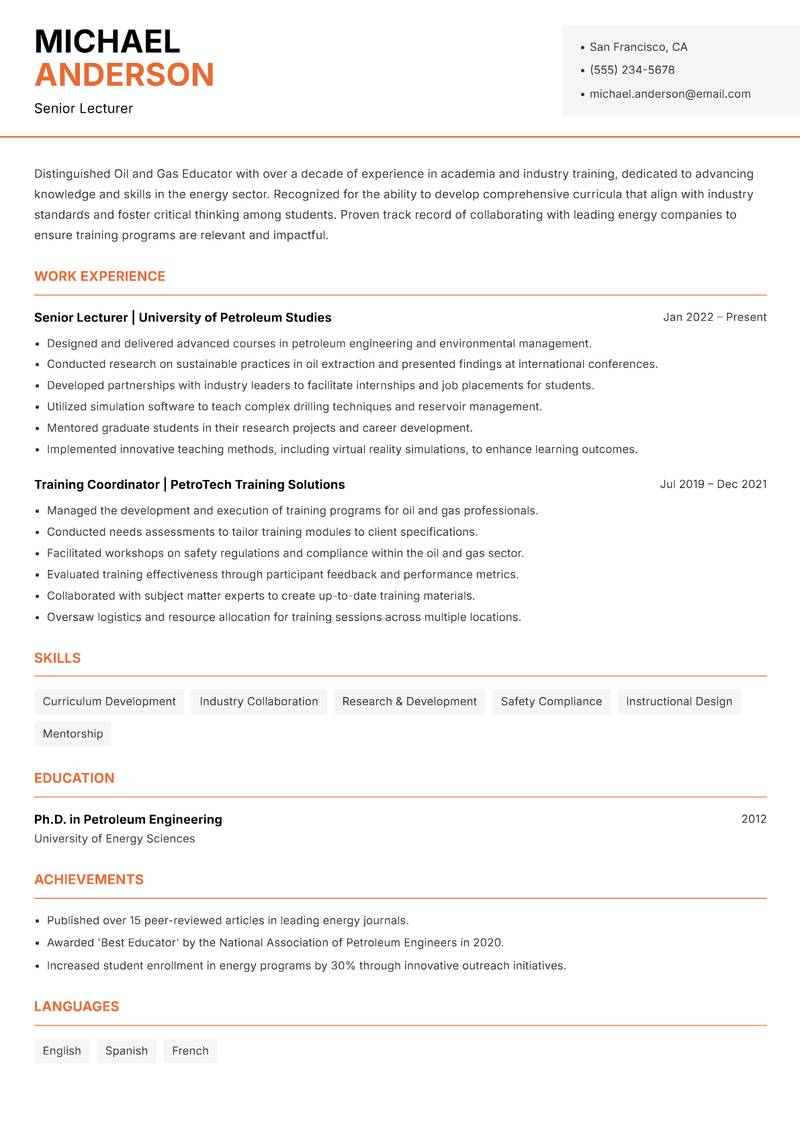 Oil and Gas Educator resume sample — Senior Lecturer focus