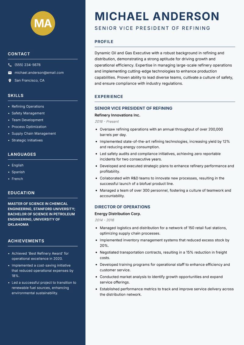 Oil and Gas Executive resume sample — Senior Vice President of Refining focus