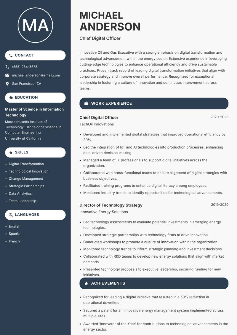 Oil and Gas Executive resume sample — Chief Digital Officer focus
