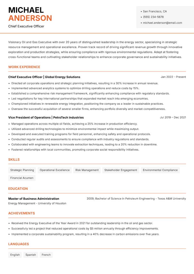 Oil and Gas Executive resume sample — Chief Executive Officer focus