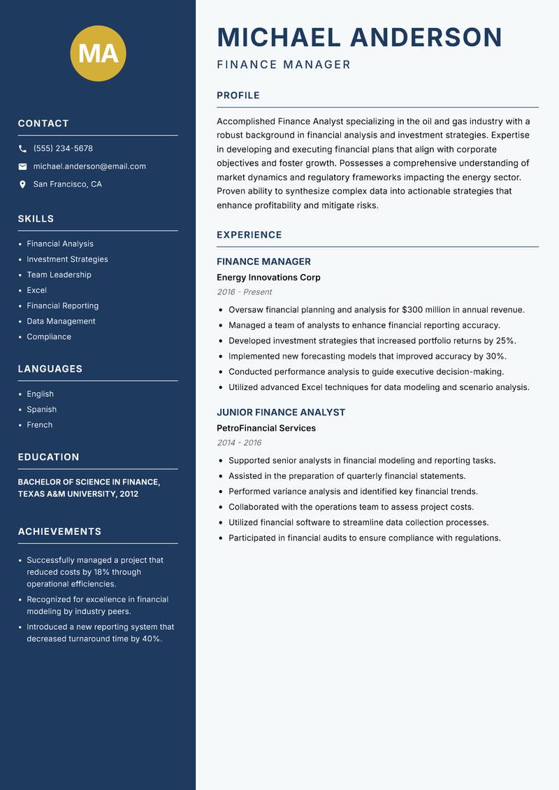 Oil and Gas Finance Analyst resume sample — Finance Manager focus