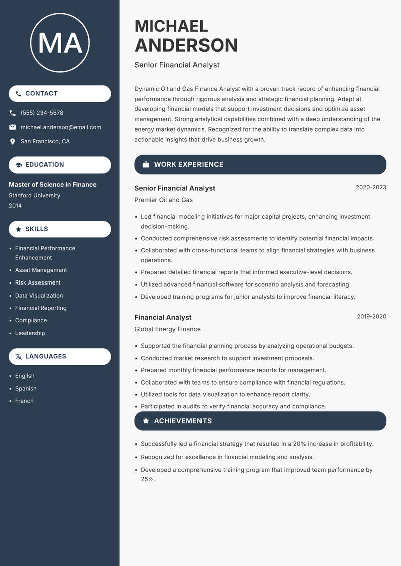 Oil and Gas Finance Analyst resume sample — Senior Financial Analyst focus