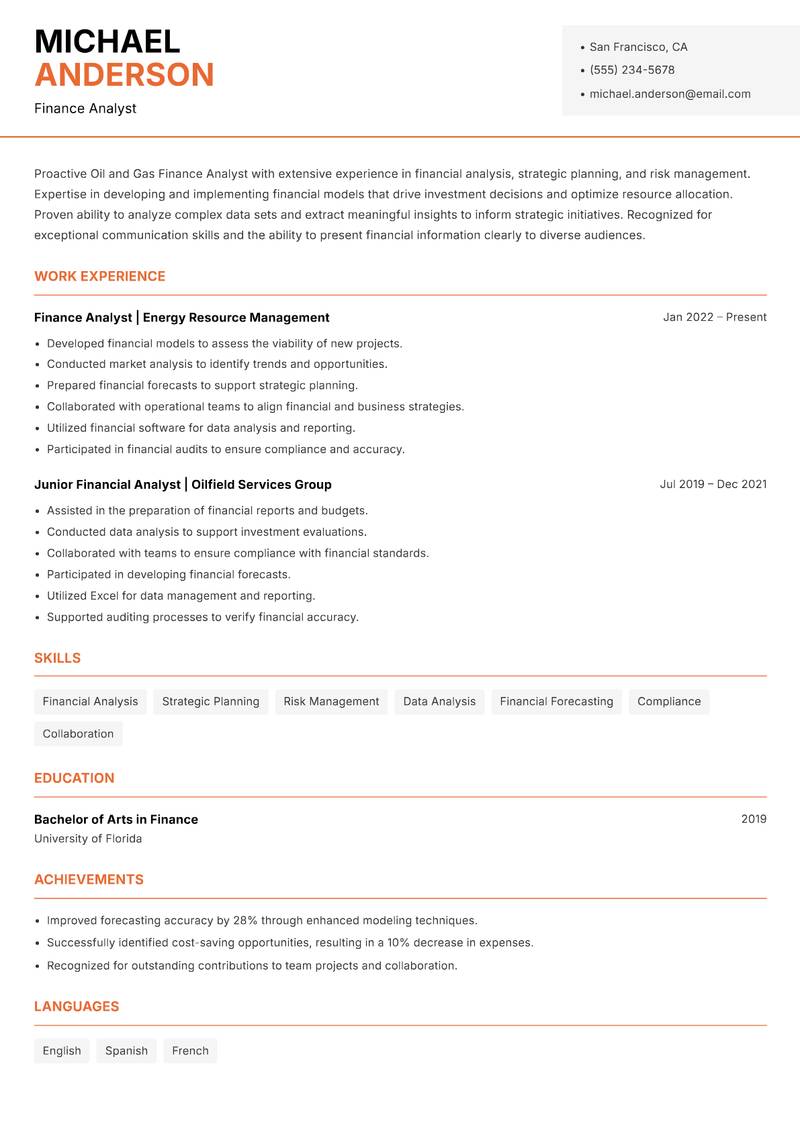 Oil and Gas Finance Analyst resume sample — Finance Analyst focus