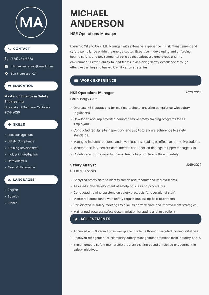 Oil and Gas HSE Manager resume sample — HSE Operations Manager focus