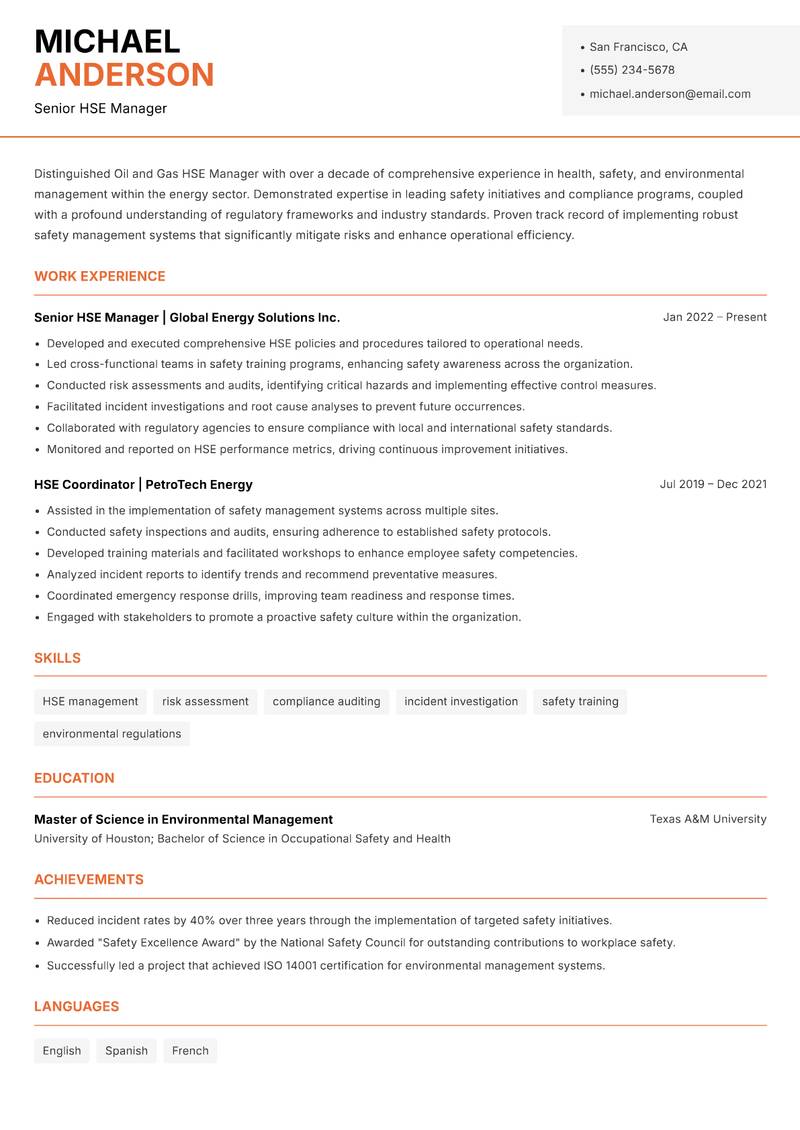 Oil and Gas HSE Manager resume sample — Senior HSE Manager focus