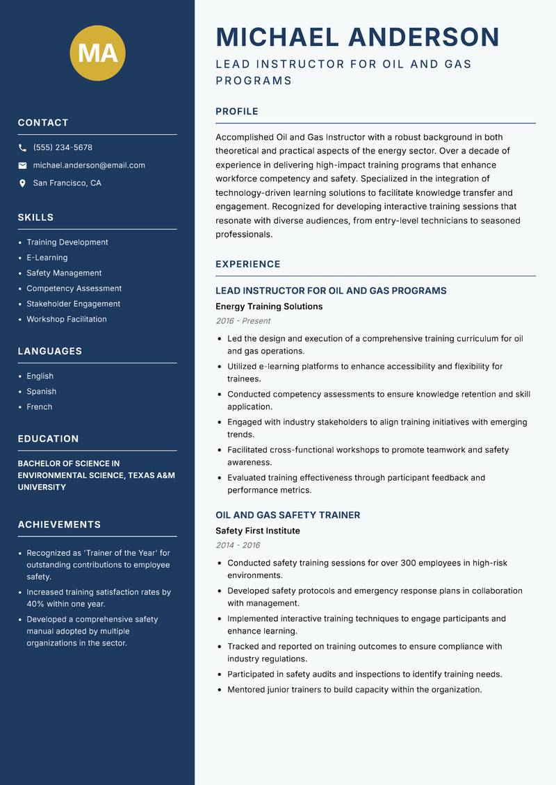 Oil and Gas Instructor resume sample — Lead Instructor for Oil and Gas Programs focus