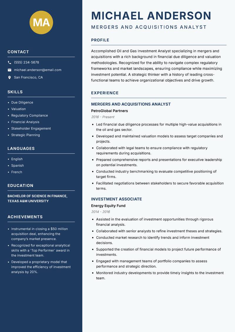 Oil and Gas Investment Analyst resume sample — Mergers and Acquisitions Analyst focus