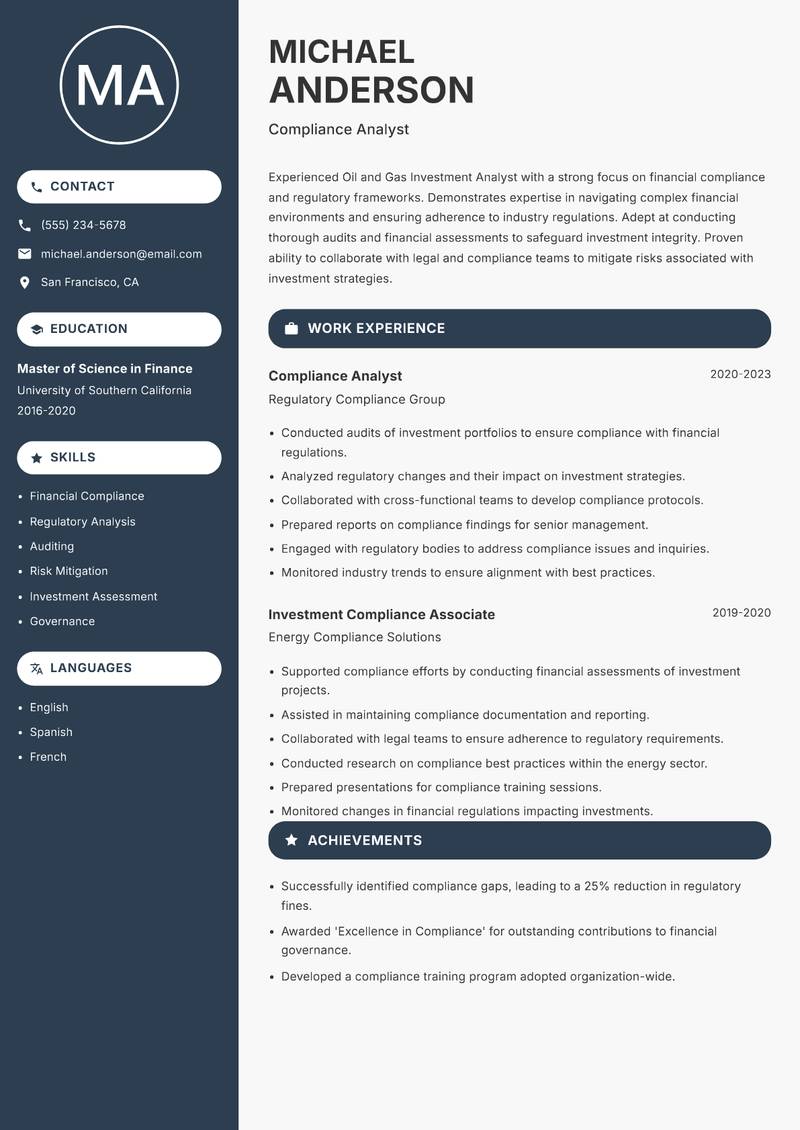 Oil and Gas Investment Analyst resume sample — Compliance Analyst focus