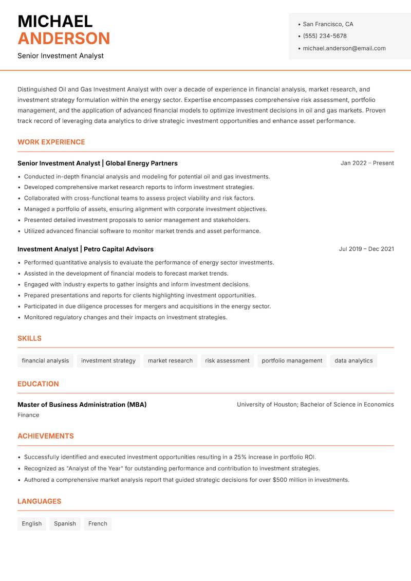 Oil and Gas Investment Analyst resume sample — Senior Investment Analyst focus