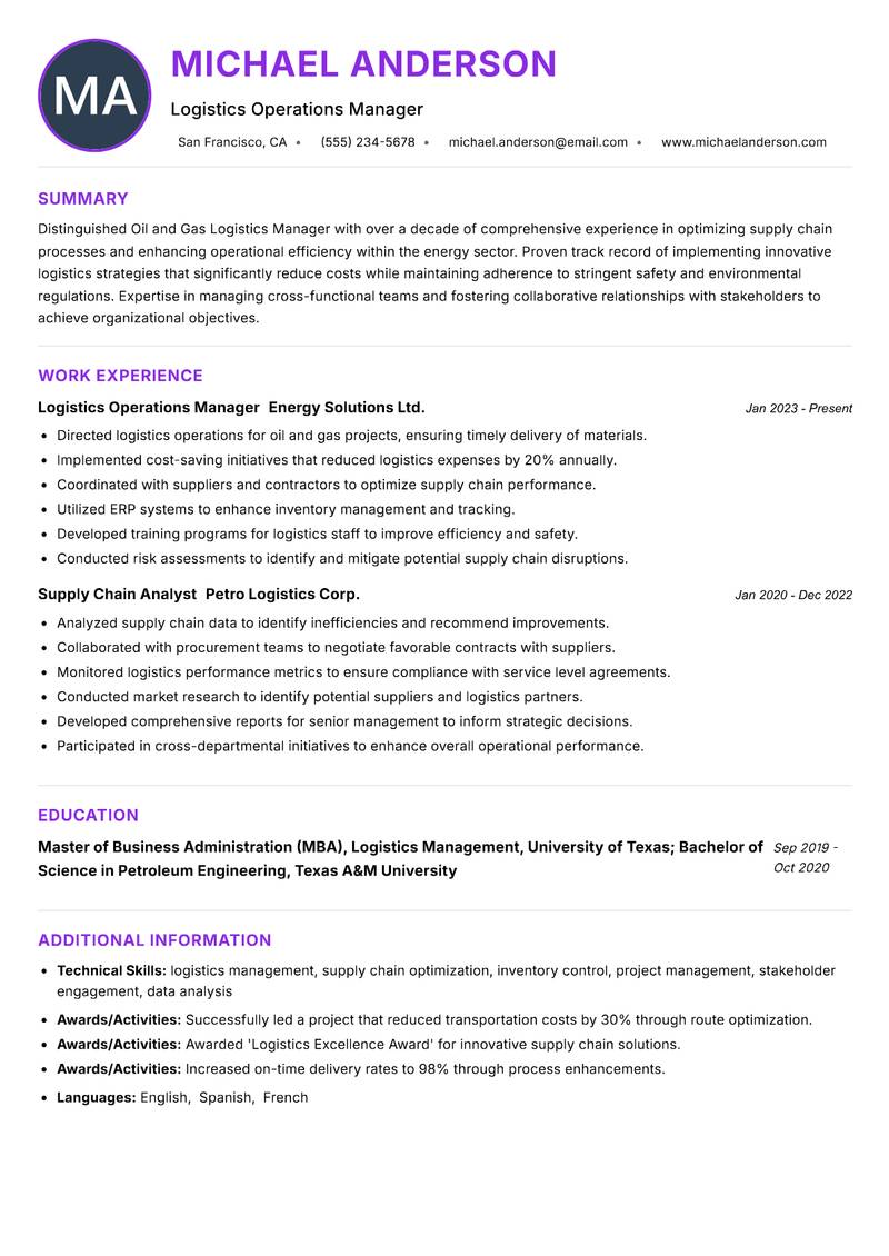 Oil and Gas Logistics Manager resume example