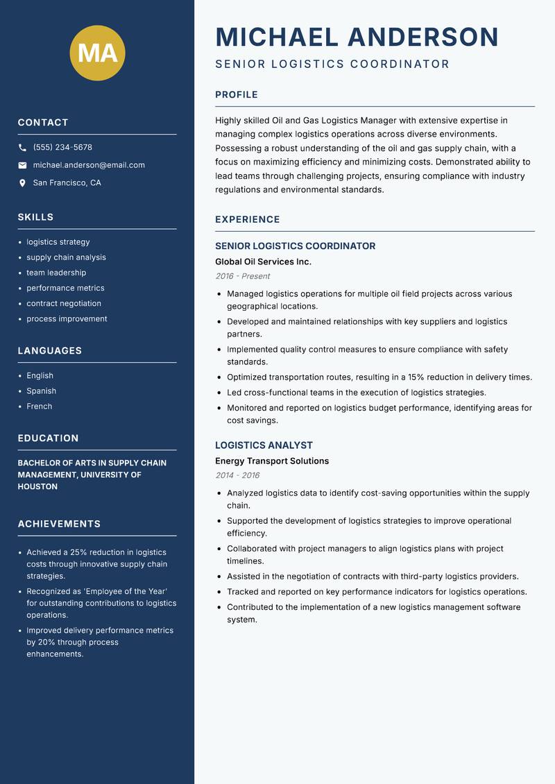 Oil and Gas Logistics Manager resume sample — Senior Logistics Coordinator focus