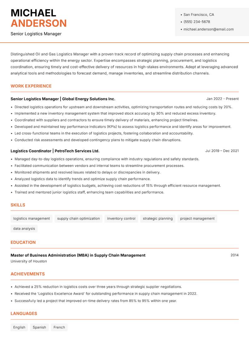 Oil and Gas Logistics Manager resume sample — Senior Logistics Manager focus