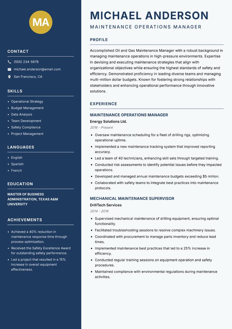 Oil and Gas Maintenance Manager resume sample — Maintenance Operations Manager focus