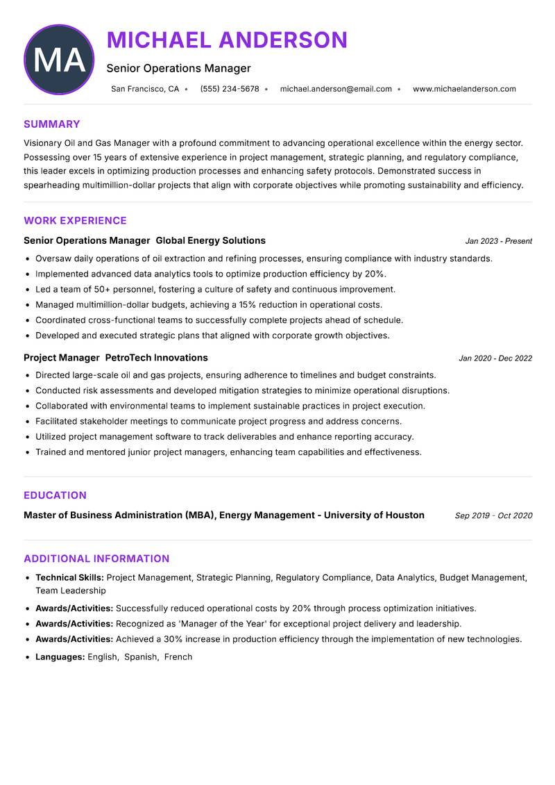Oil and Gas Manager resume example