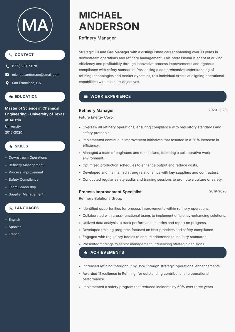 Oil and Gas Manager resume sample — Refinery Manager focus