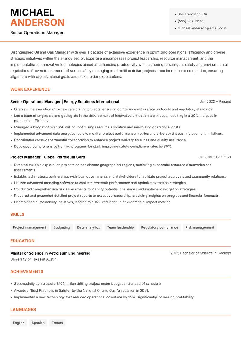 Oil and Gas Manager resume sample — Senior Operations Manager focus