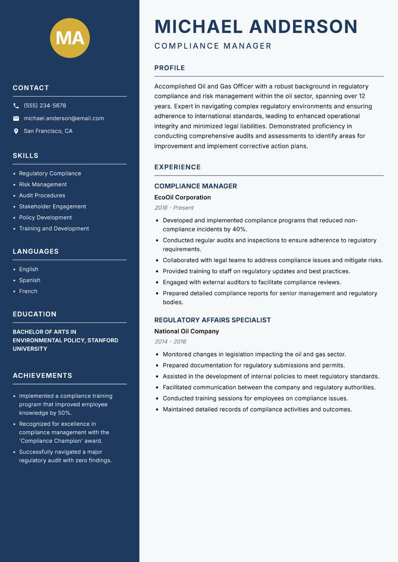 Oil and Gas Officer resume sample — Compliance Manager focus