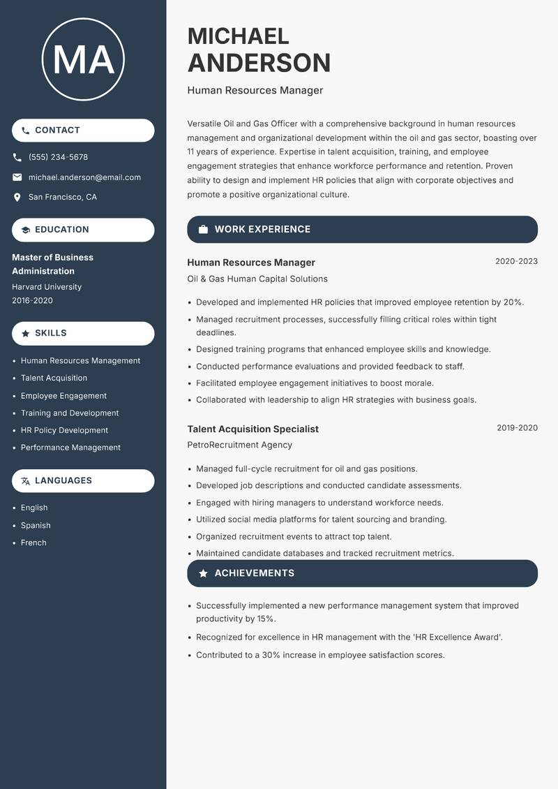 Oil and Gas Officer resume sample — Human Resources Manager focus