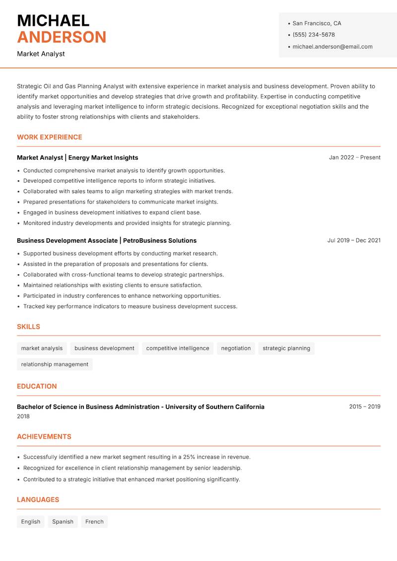 Oil and Gas Planning Analyst resume sample — Market Analyst focus