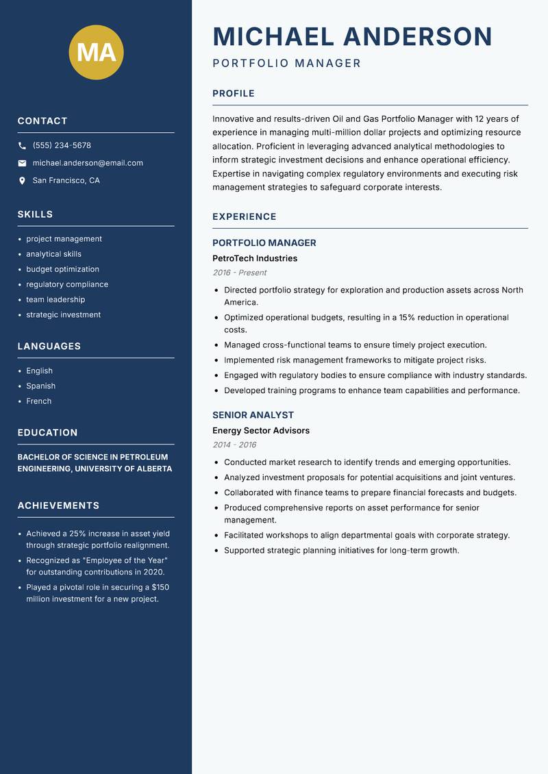 Oil and Gas Portfolio Manager resume sample — Portfolio Manager focus