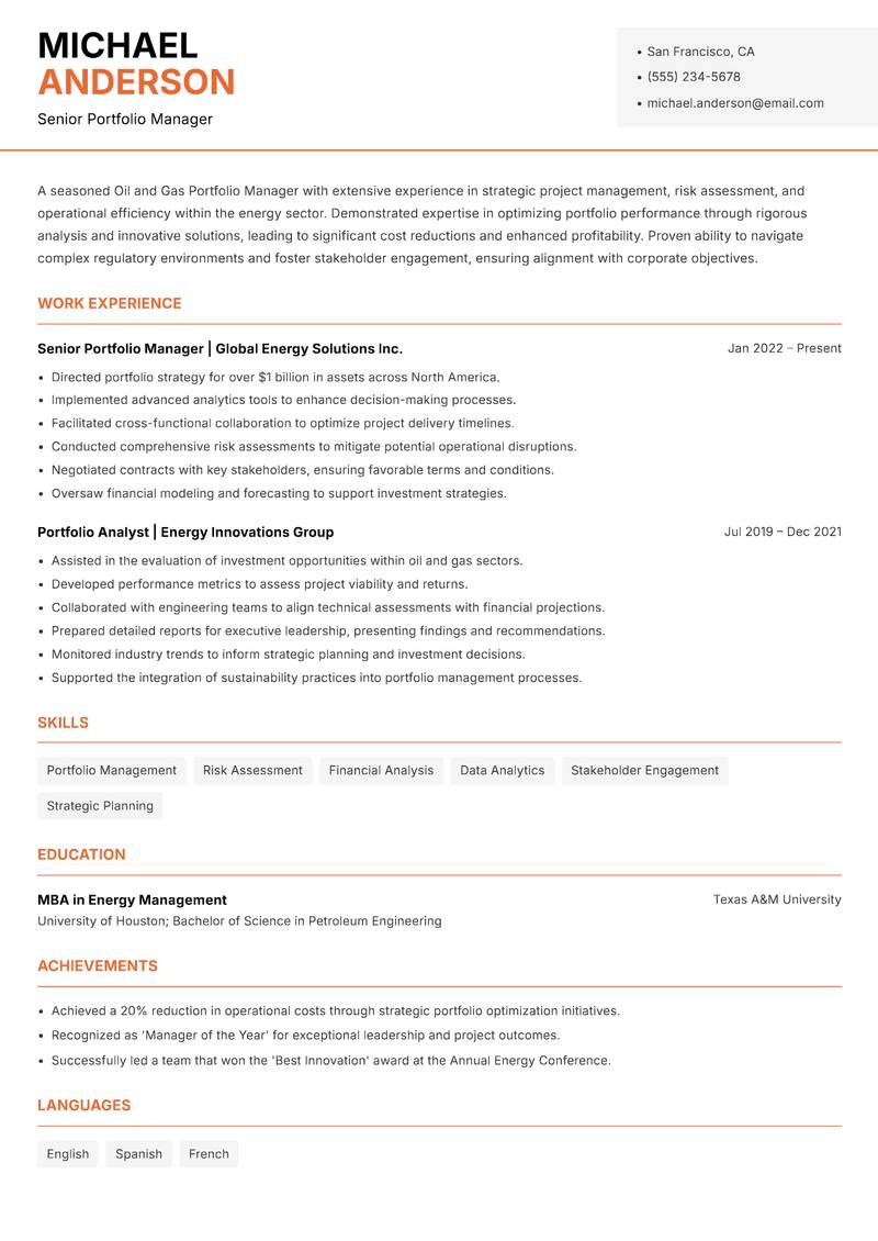 Oil and Gas Portfolio Manager resume sample — Senior Portfolio Manager focus
