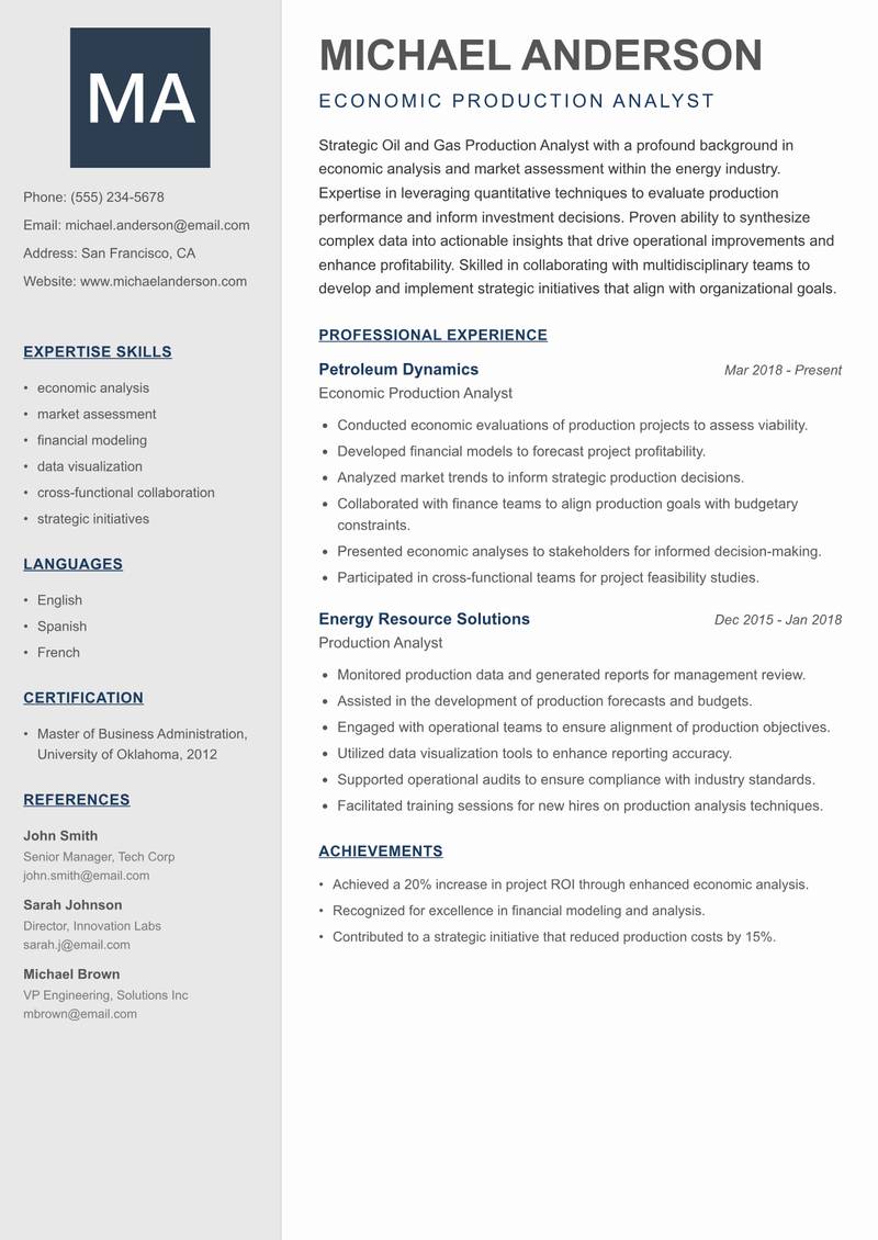Oil and Gas Production Analyst resume sample — Economic Production Analyst focus