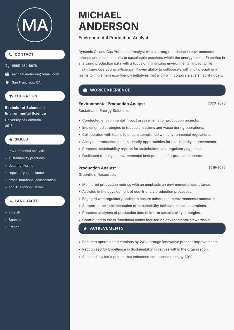 Oil and Gas Production Analyst resume sample — Environmental Production Analyst focus