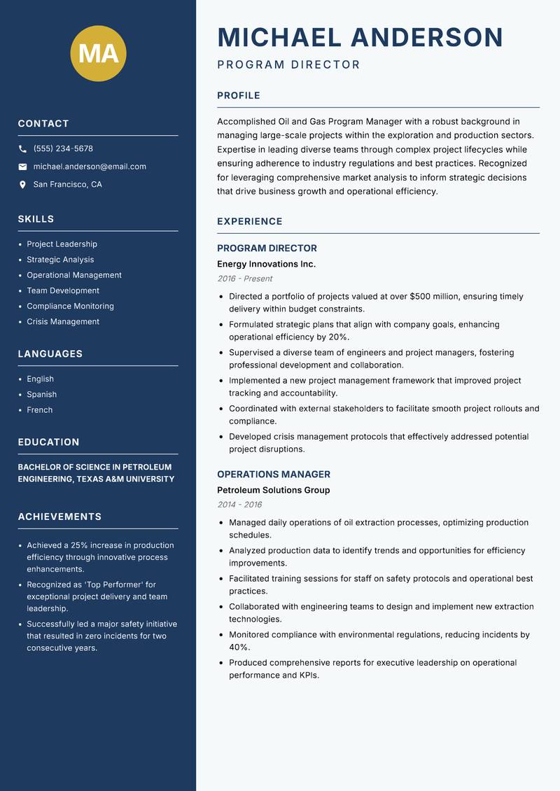 Oil and Gas Program Manager resume sample — Program Director focus