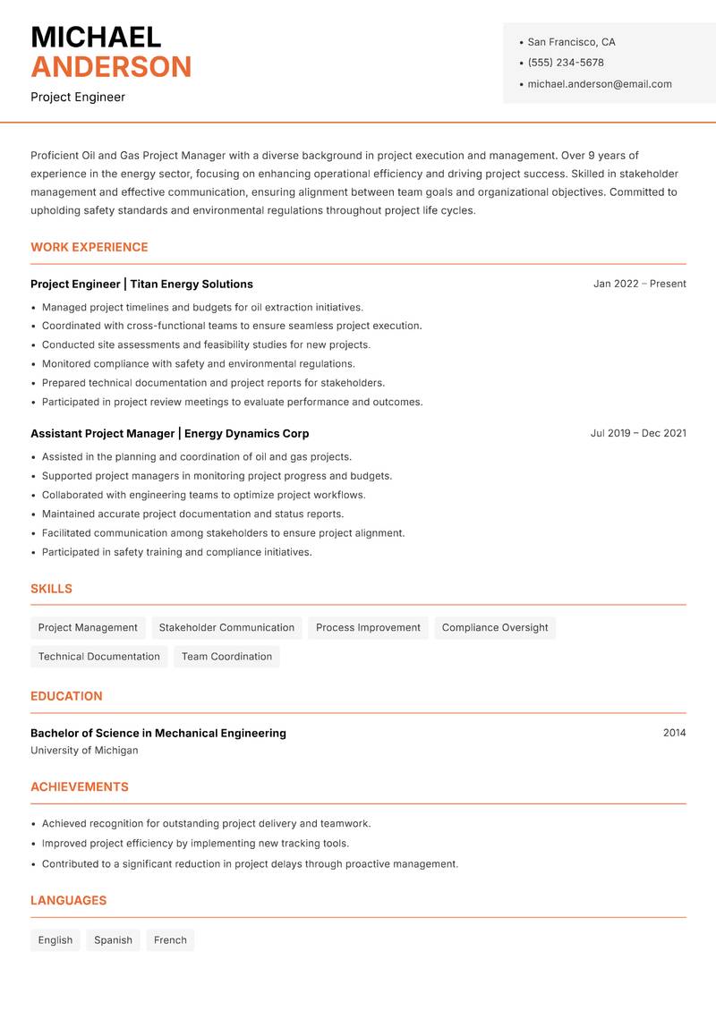 Oil and Gas Project Manager resume sample — Project Engineer focus